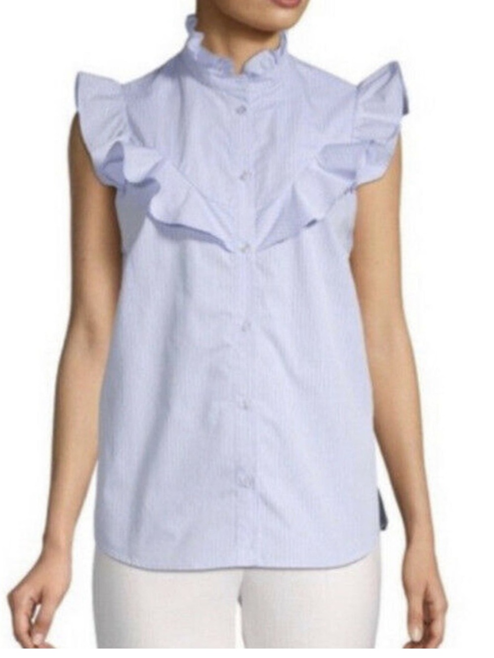 Parker Striped Ruffle Neck Poplin‎ Shirt Size Small Sleeveless Button Down NWOT